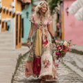 Women's Vintage Patchwork Floral Art V Neck Short Sleeve Maxi Dress elevenforest