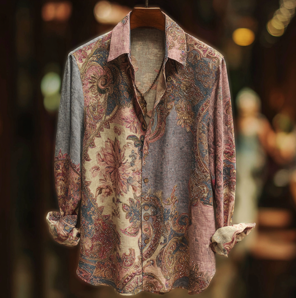 Bohemian Style Plant And Flower Pattern Men's Retro Cotton And Linen  Shirt elevenforest