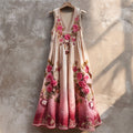 Boho Romantic Floral Embroidery Women's Linen V-neck Vest Maxi Dress elevenforest