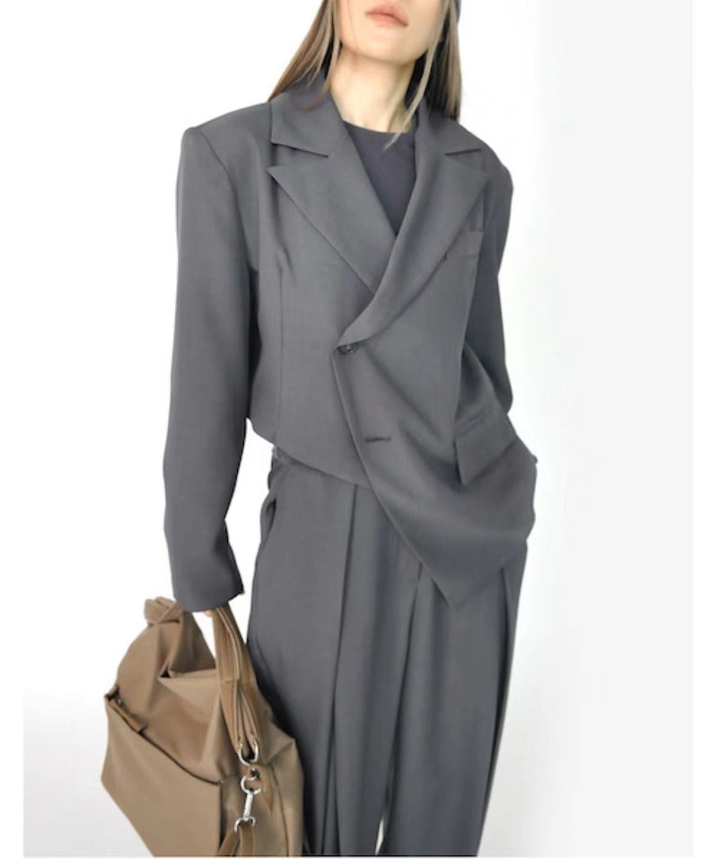 Autumn Winter Irregular Asymmetric Blazer High Waist Wide Leg Pants Set
