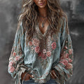 Women's Retro Floral Embroidered Art Print Flowy Linen Blend Casual Tops elevenforest