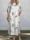Lovely Spring Birds On Bough Repeat Pattern Printed Women's Comfortable Linen Pocket Dress