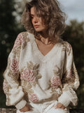 Classy Vintage Roses Glitter V Neck Cozy Knit Sweater elevenforest