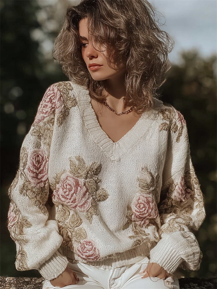 Classy Vintage Roses Glitter V Neck Cozy Knit Sweater elevenforest