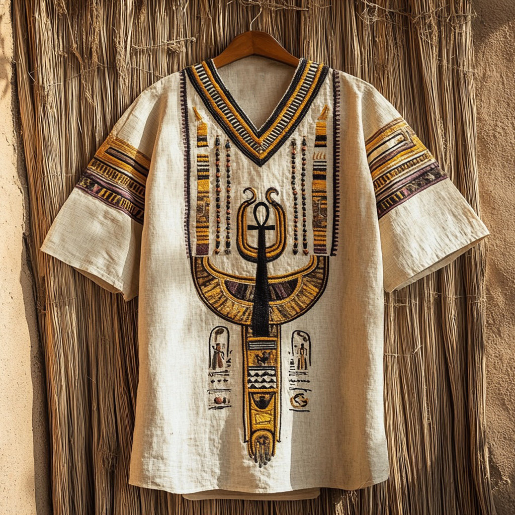 Ancient Egyptian Ankh Inspired V Neck Linen T Shirt elevenforest