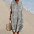 Women Vintage Stripes Casual V Neck Short Sleeve Midi Dress elevenforest