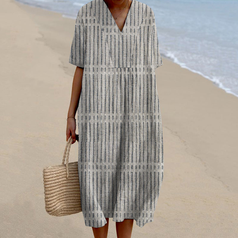 Women Vintage Stripes Casual V Neck Short Sleeve Midi Dress elevenforest