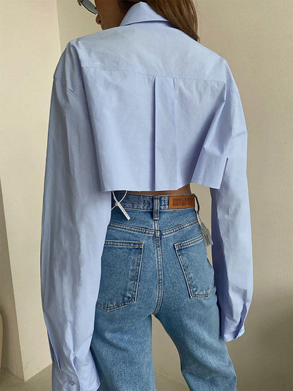 Long Sleeves Loose Asymmetric Buttoned Pockets Color Split-joint Lapel Blouses&shirts Tops