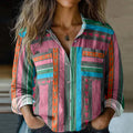 Bohemian Geometric Color Block Patchwork Colorful Linen Print  Long Sleeve Shirt elevenforest