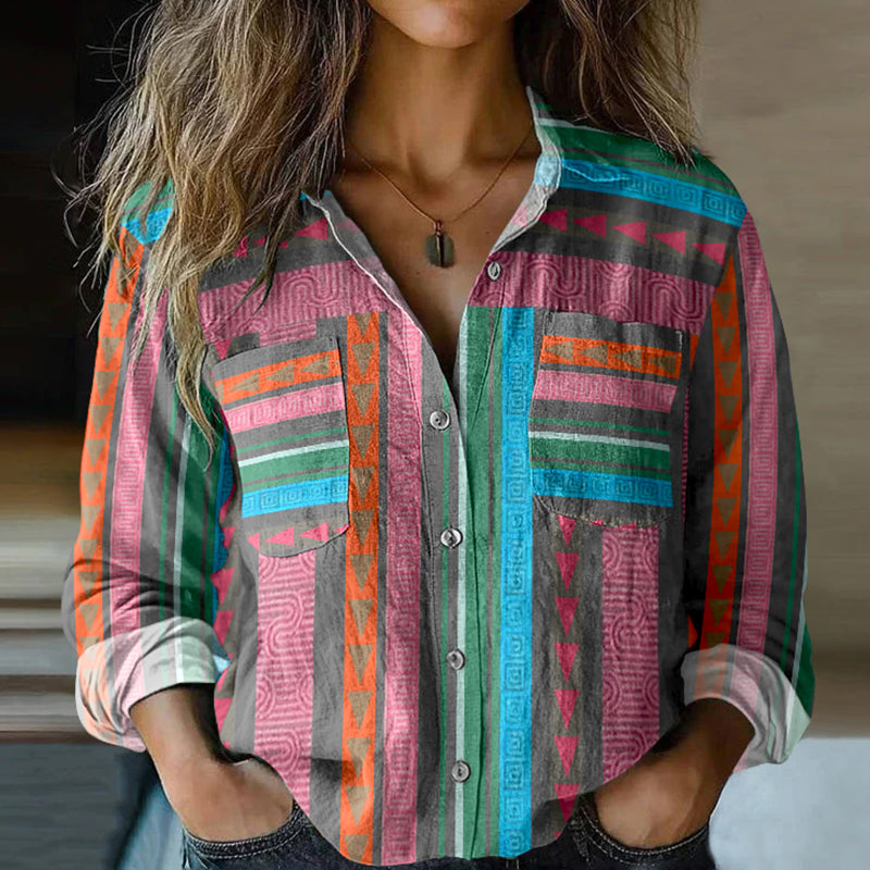 Bohemian Geometric Color Block Patchwork Colorful Linen Print  Long Sleeve Shirt elevenforest