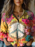 Women's Colorful Peace Sign Print Casual Long Sleeve Comfortable Cotto