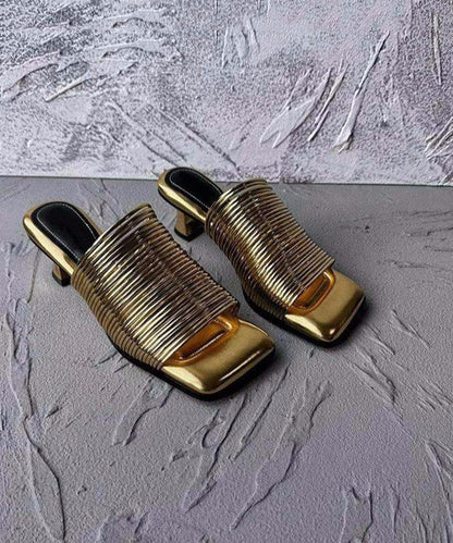 Original Design Gold Chunky Heel Slide Sandals Peep Toe Oi080