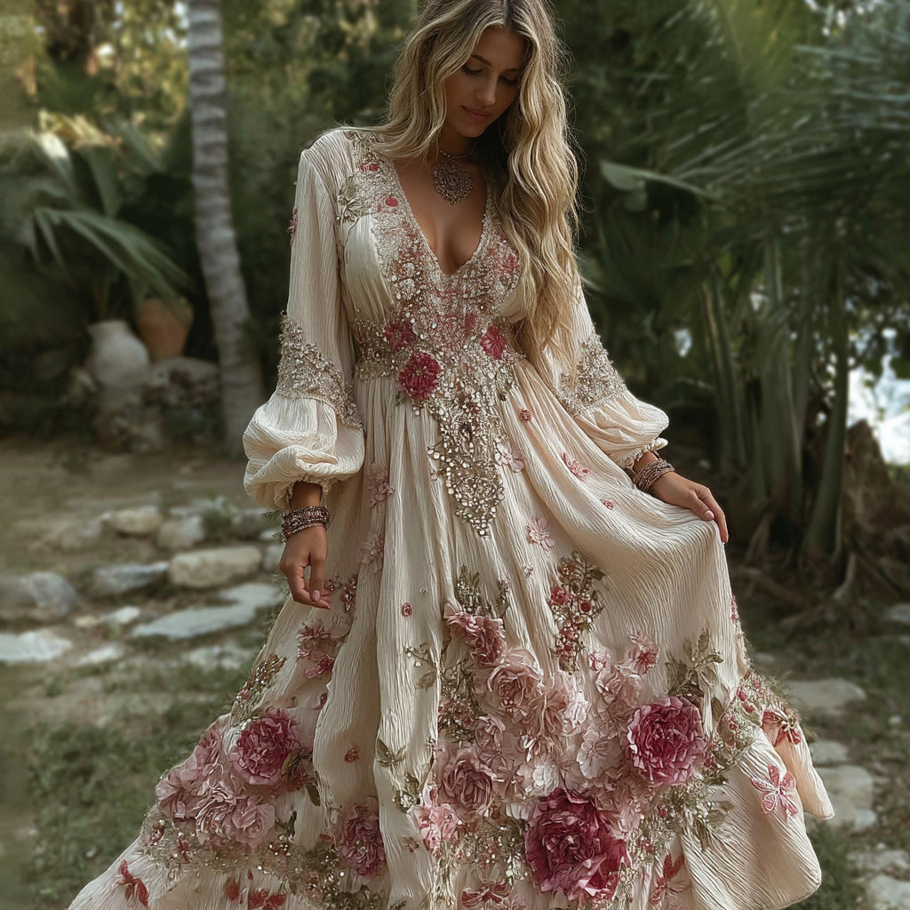 Women's Vintage Pink Roses Embroidery Art V-neck Long Sleeves Maxi Dress elevenforest