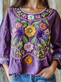 Purple Ethnic Floral Embroidery Vintage Women's Linen Shirt elevenforest
