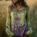 Bohemian Style Embroidered Plant Vitality Round Neck Long Sleeve Casual Vintage Top elevenforest