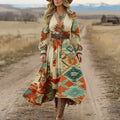 Women's Western Geometric Print V-neck Long Sleeve Midi Dress elevenforest