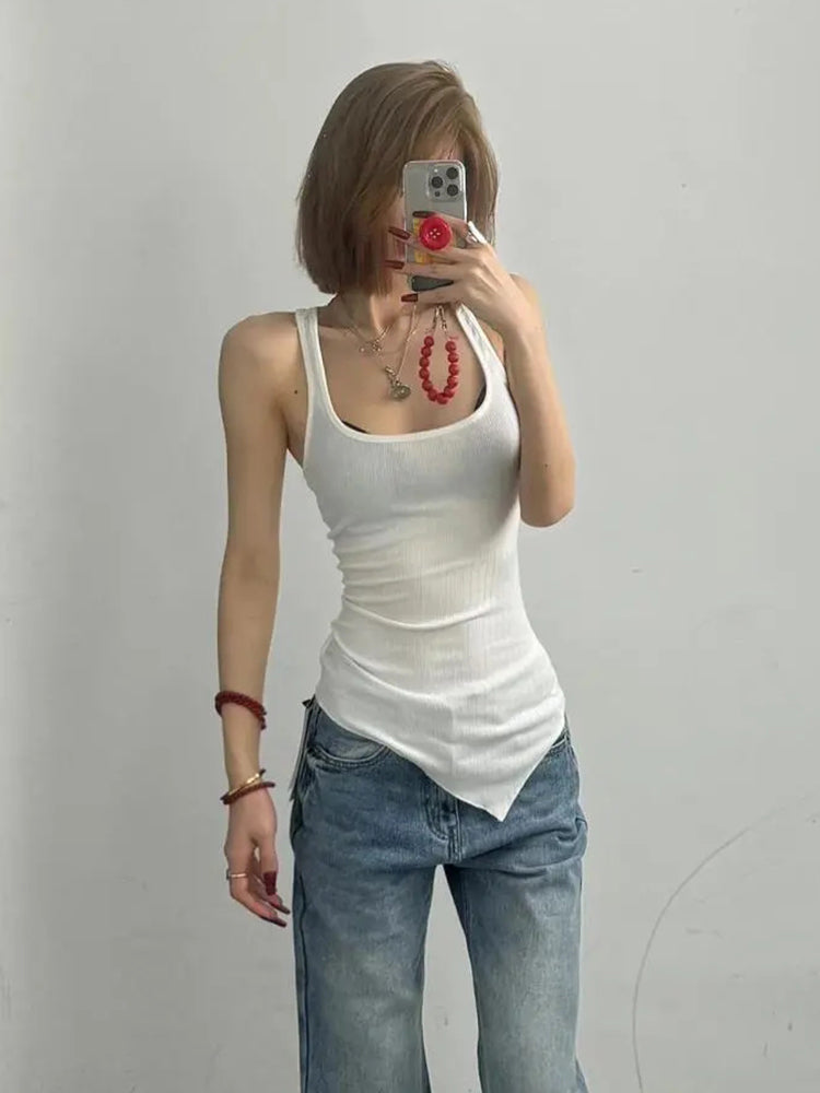 Summer Y2k Clothing Tank Tops White Thin Lace Patchwork Tops Sleeveless Camisole Vest Low-cut Design