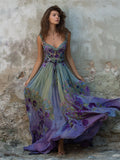 Classy Floral Embroidered Purple Gradient Flowy Linen Maxi Dress elevenforest