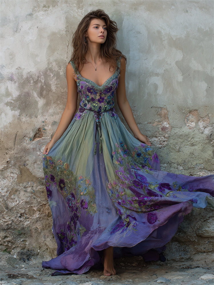 Classy Floral Embroidered Purple Gradient Flowy Linen Maxi Dress elevenforest