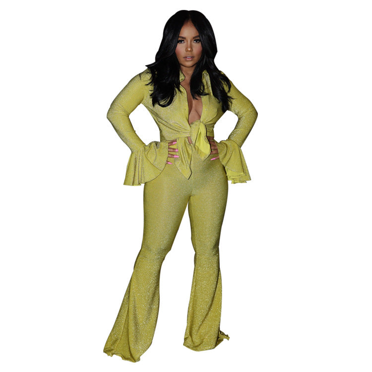 ’s Horn Long Sleeve Slim Fit Two Piece Suit Blouse Pants – Stylish and Outfit for