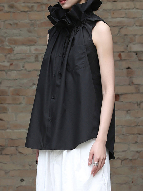 Sleeveless Pleated Color Statement Collar Blouses&shirts Tops