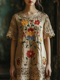 Vintage Lace Floral Embroidery Women's Linen Dress elevenforest