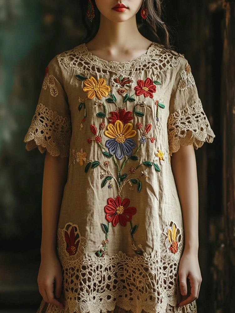 Vintage Lace Floral Embroidery Women's Linen Dress elevenforest