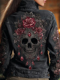Women's Skeleton Rose Washed Long-sleeved Denim Jacket elevenforest