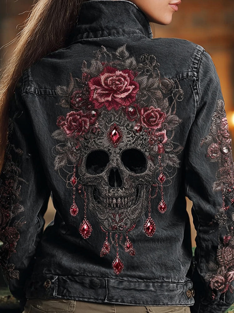 Women's Skeleton Rose Washed Long-sleeved Denim Jacket elevenforest