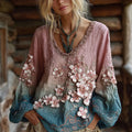Classy Gradient Japanese Sakura Embroidered And Wave Sashiko Linen Long Sleeve Shirt elevenforest