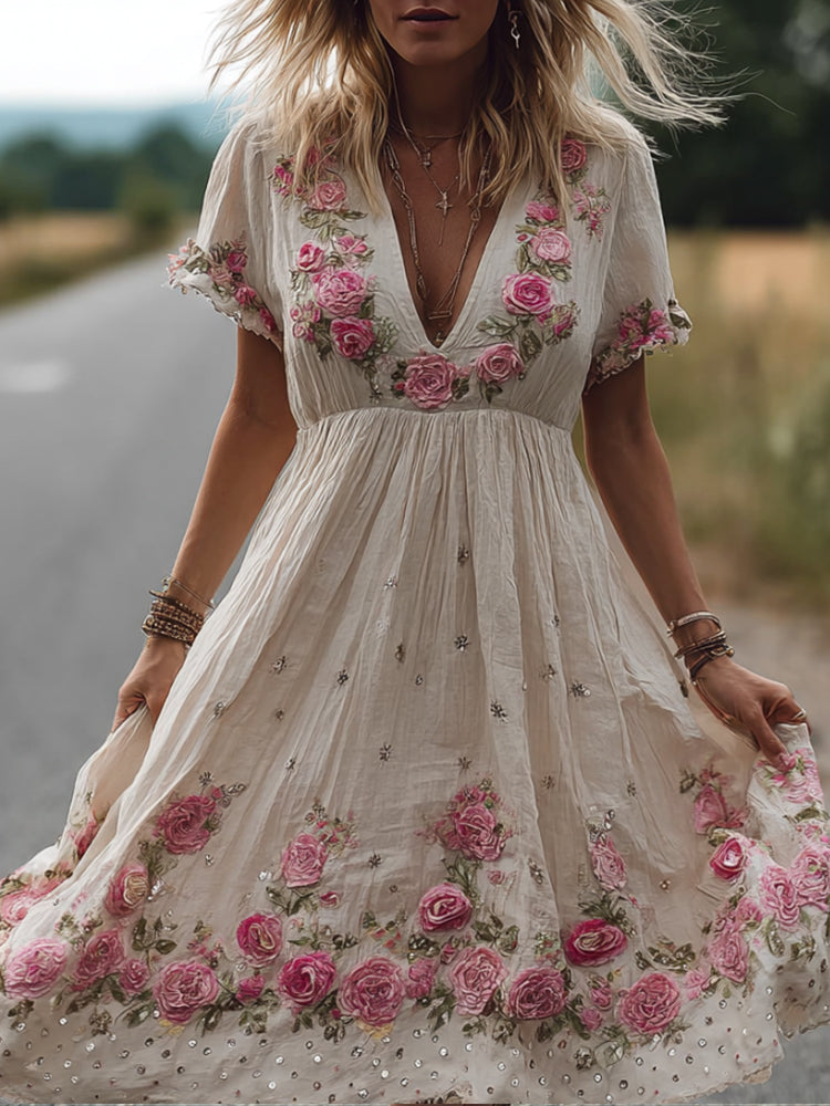 Bohemian Style Sequin Embroidered Flower Short Sleeve V-neck Vintage Skirt elevenforest