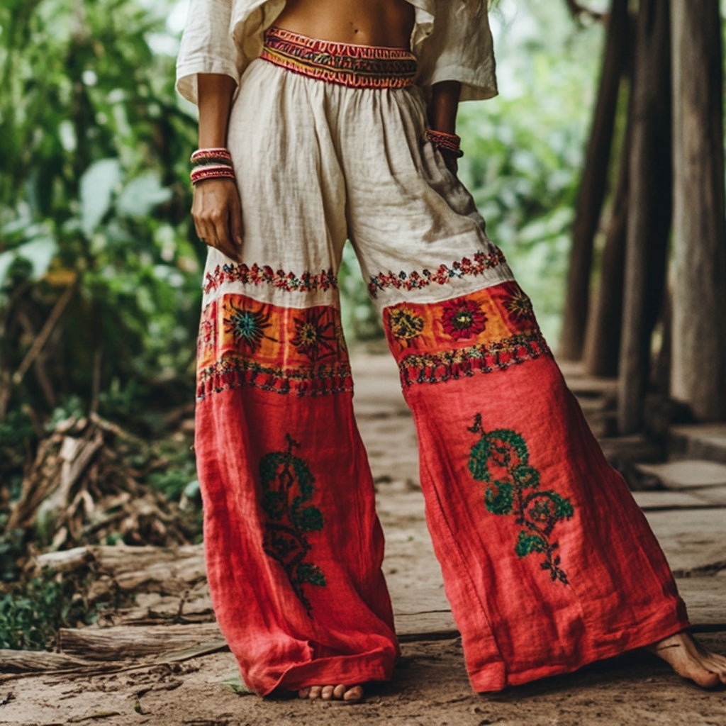 Women's Floral Embroidered Loose Linen Blend Pants elevenforest