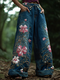 Bohemian Style Women's Plant Flower Embroidery Loose Fit Wide Leg Straight Leg Denim Long Pants elevenforest