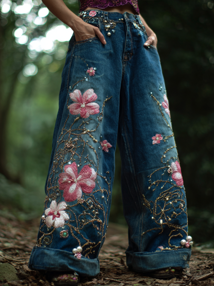 Bohemian Style Women's Plant Flower Embroidery Loose Fit Wide Leg Straight Leg Denim Long Pants elevenforest