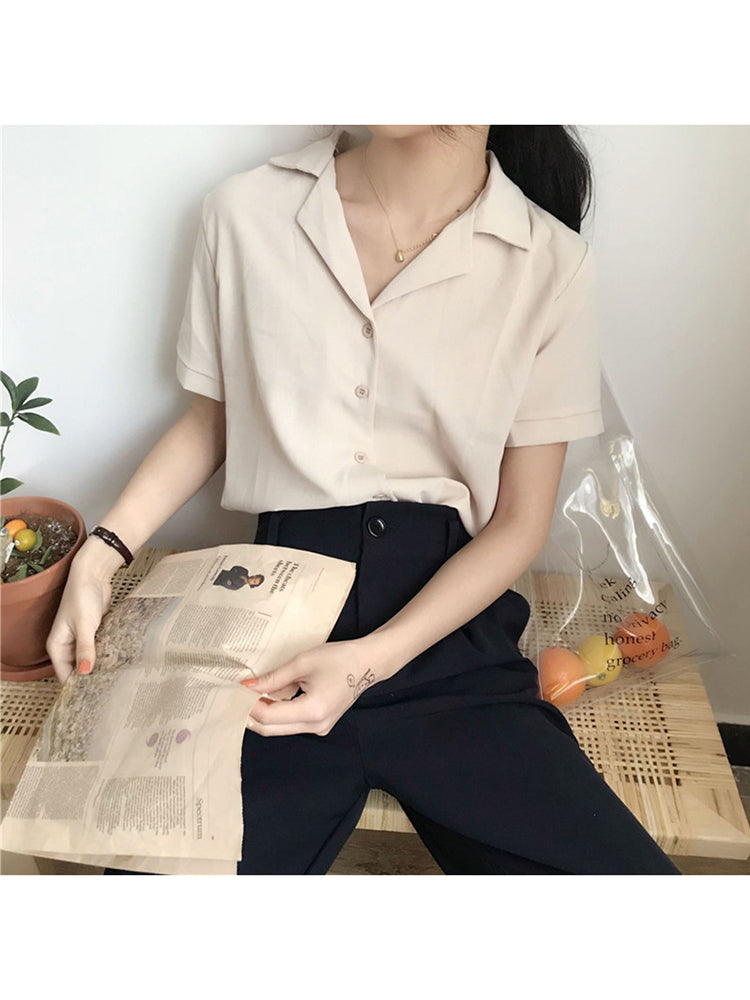 Summer Blouse Shirt for Short Sleeve V Neck Office Lady White Shirts Tops Japan Korean Style