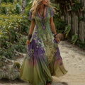 Women's Vintage Floral Embroidery Gradient Pattern V-neck Dress