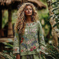 Women's Vacation Boho Floral With Dragonfly Print V-neck Linen Blend Tops elevenforest