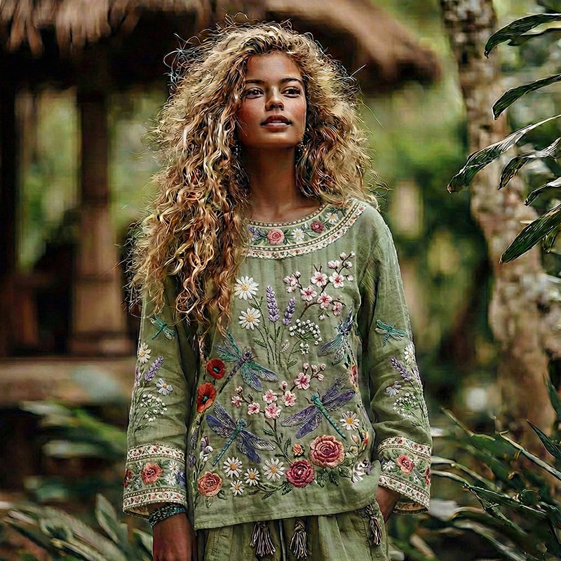 Women's Vacation Boho Floral With Dragonfly Print V-neck Linen Blend Tops elevenforest
