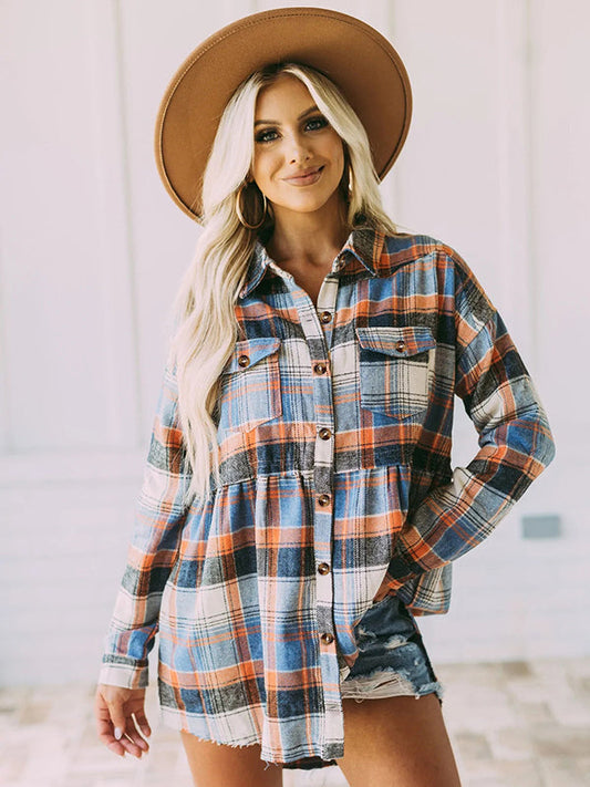 Loose Checkered Lapel Blouses&shirts Tops