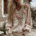 Women's Vintage Pink Rose Art V-neck Cozy Pullover Sweater elevenforest