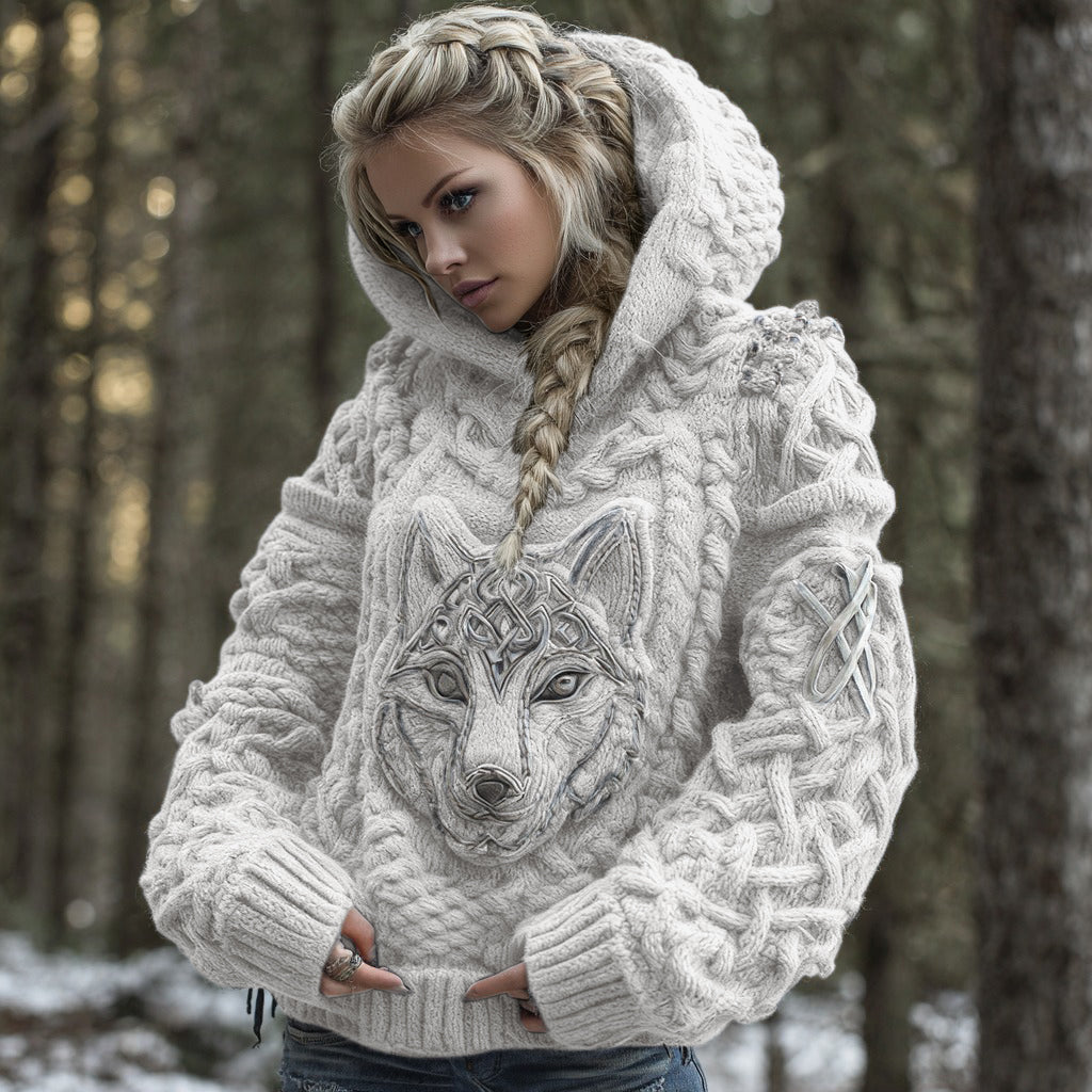 Women's Viking Celtic Wolf Knit Jacquard Warm Hooded Sweater elevenforest