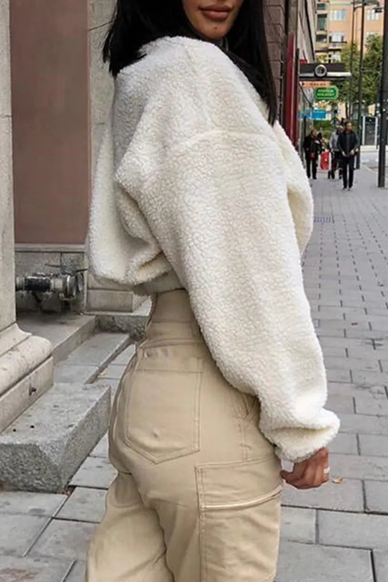 Zipper Fluffy Turndown Collar Hoodies