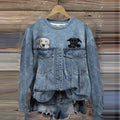 Women'S Denim Patchwork Puppy Print Sweatshirt elevenforest