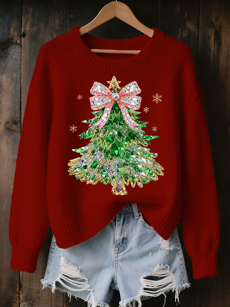 Comstylish Rhinestone Christmas Tree Art Cozy Knit Sweater