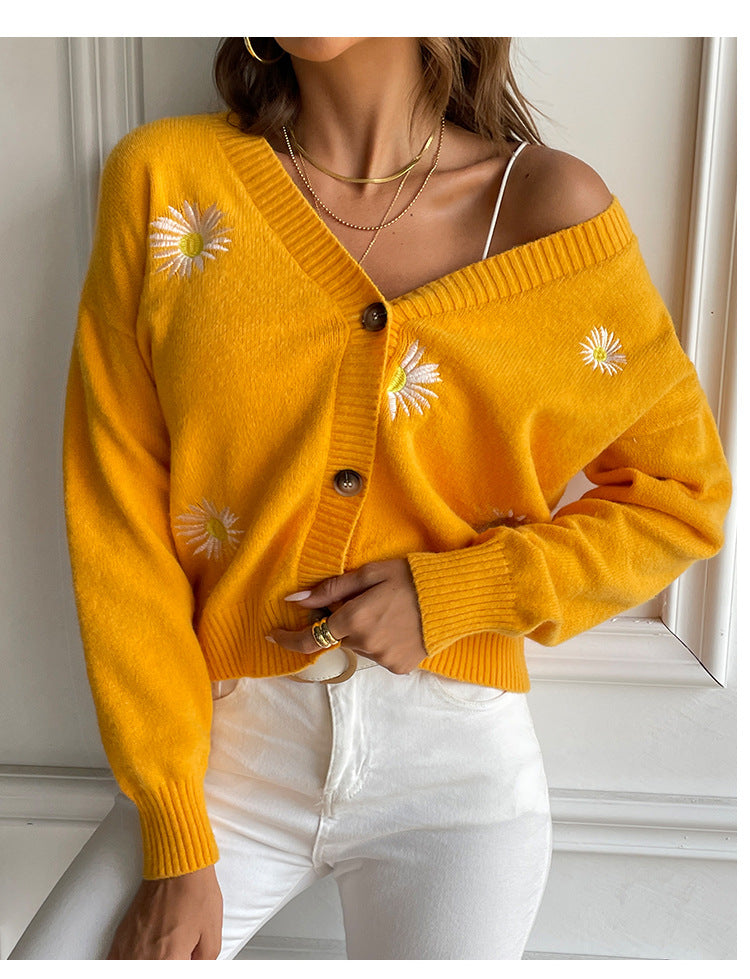 Sweet Clothing Small Chrysanthemum Embroidery V Neck Sweater Coat Autumn Winter Loose Knitted Cardigan