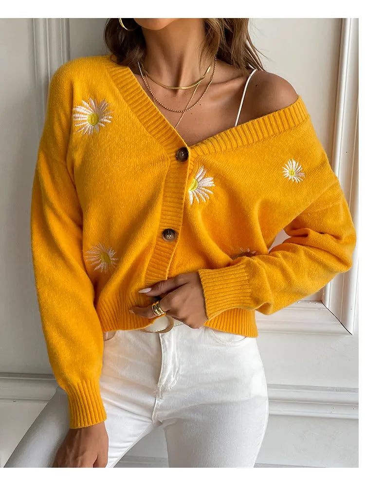 Sweet Clothing Small Chrysanthemum Embroidery V Neck Sweater Coat Autumn Winter Loose Knitted Cardigan