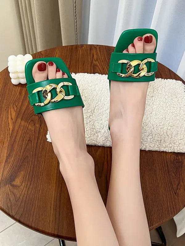 Chains Open Toe Split-joint Square-toe Slippers