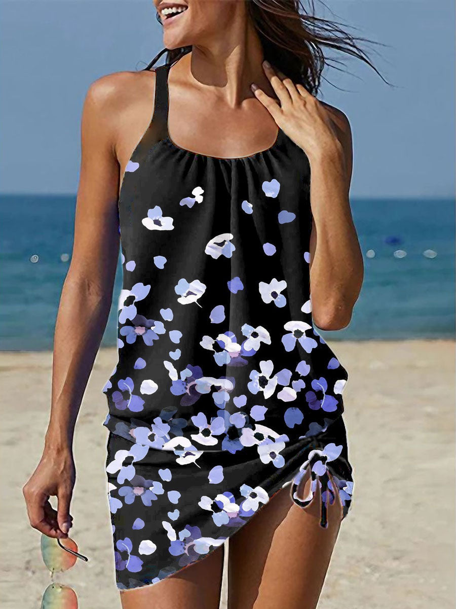 Women's Floral Printed Strapless Shirred Swimsuit Set