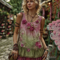 Women's Retro Classy Boho Rose And Floral Embroidered Art Linen And Cotton Tank Top elevenforest