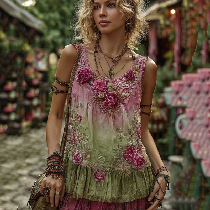 Women's Retro Classy Boho Rose And Floral Embroidered Art Linen And Cotton Tank Top elevenforest